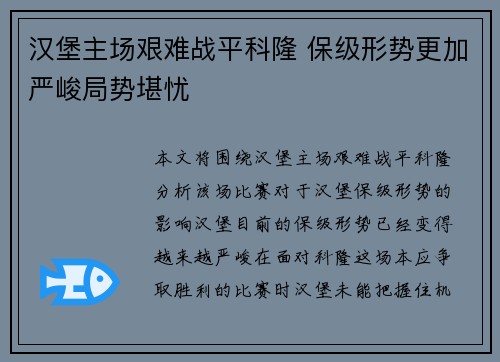 汉堡主场艰难战平科隆 保级形势更加严峻局势堪忧